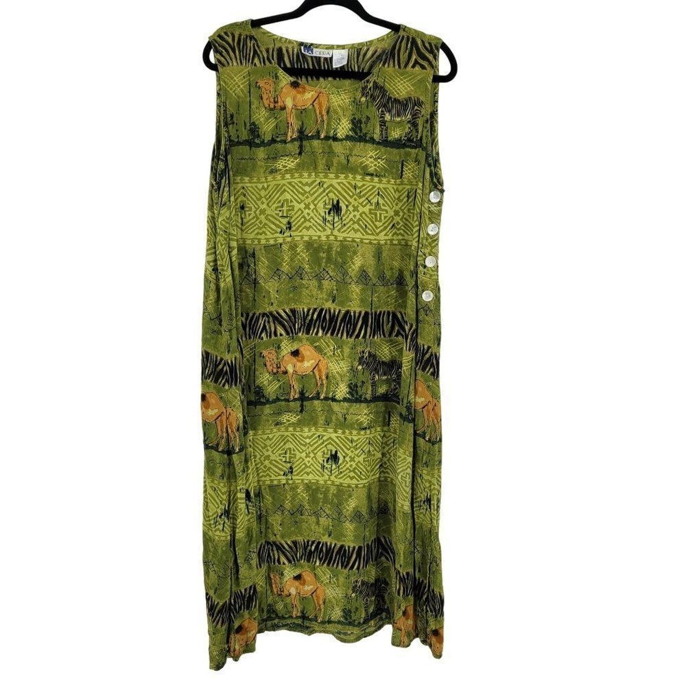 Vtg 80s Rayon Crinkle Midi Dress Sz XL Green Safari Animals Resort Beach Novelty